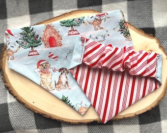 Christmas Puppies & Candy Canes Matching Reversible Scrunchie Dog Bandana / Holiday Pet Bandana