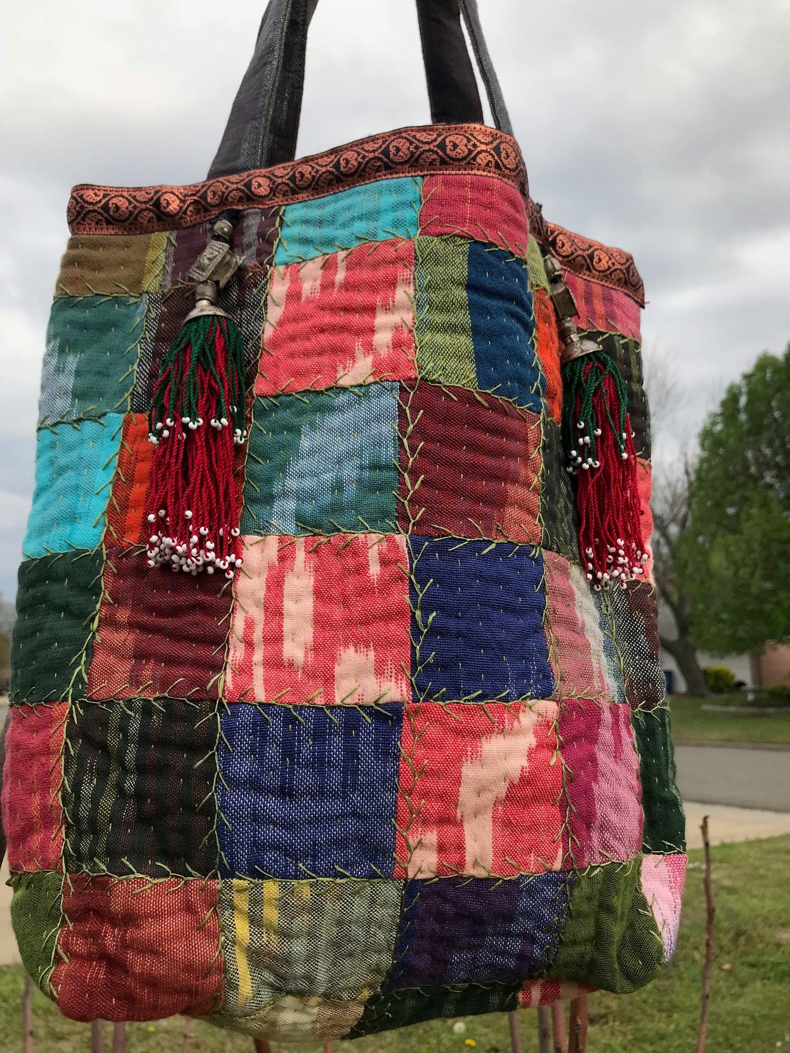 Ikat Patchwork Bag with Antique Tassels. Etsy