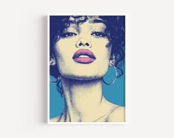 Confident Feminine Portrait Print | Modern Pop Art Woman Illustration | Blue Pink Editorial Wall Art (Digital Download)