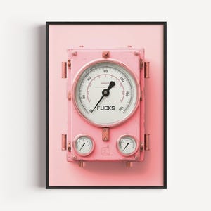 May include: Pink industrial-style artwork featuring a gauge with the word "FUCKS" in the center. The gauge is set against a pink background and framed in black. Two smaller gauges are below the main gauge.