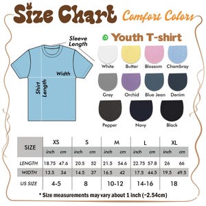 May include: A size chart for youth t-shirts, featuring a light blue t-shirt graphic with measurements for length and width. Color swatches include white, butter, blossom, chambray, grey, orchid, blue jean, denim, pepper, navy, and black. Sizes range from XS to XL.