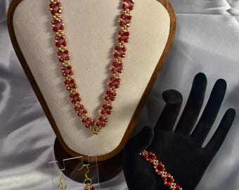 Red Glass Beaded Jewelry Set | Necklace, Bracelet, Earrings | 14k Gold Plated Accents