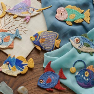 May include: A collection of seven embroidered fish patches featuring various species including a swordfish, an angelfish, and an anglerfish. The patches display vibrant colors such as blue, yellow, pink, and red, with detailed stitching textures.