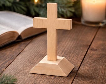 Cruz de madera con base desmontable, pequeña decoración cristiana de mesa, regalo religioso minimalista.