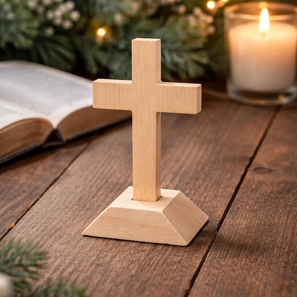 Cruz de madera con base desmontable, pequeña decoración cristiana de mesa, regalo religioso minimalista.