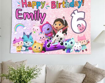 Personalized Name Age Gabby Kitties Dollhouse Birthday Party Banner Decoration Backdrop