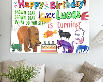 Personalized Brown Bear Brown Bear Birthday Printed Banner, Kids Birthday Decoration, Custom Name & Photo Backdrop