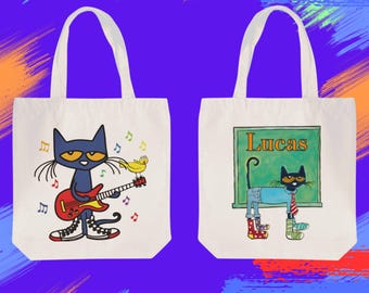 Personalized Pete the Cat Canvas Tote Bag, Readers Gift