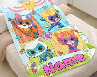 Custom Super Hero Kitties Blanket, Personalize Cat Kids Name Birthday Xmas Gift