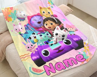Personalize Girls Gabby Cat Blanket, Custom Dollhouse Blankets Birthday Holiday Xmas Gift