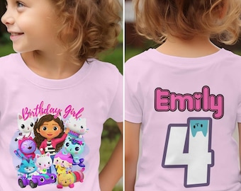 Custom Gabby Cat Dollhouse Birthday Shirt Gift, Double-Sided Print, Kids Bday Party T-Shirt Gifts