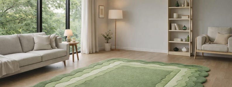 Sage Green Scalloped Wool Rug - Hand Tufted Wavy Edge Area Rug ...