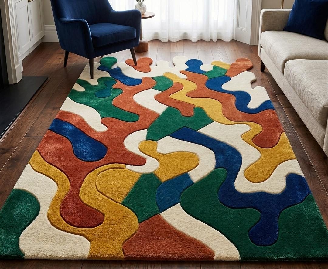 Modern Abstract Hand Tufted Wool Rug, Colorful Organic Shape Rug ...