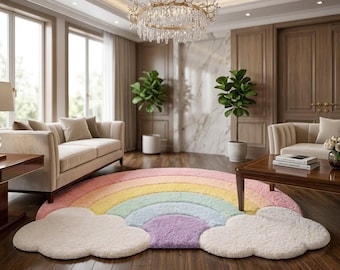 Alfombra de lana 100% con diseño de arcoíris pastel, tejida a mano. Alfombra con diseño de nube adorable, ideal para guardería, sala de juegos o decoración infantil. Alfombra mullida personalizada con estética cuidada.