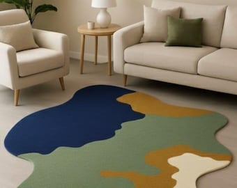 Abstract Irregular Shape Area Rug, Mid-Century Modern Wavy Rug for Living Room, Large Colorful Blob Rug, Unique Hand-Tufted Floor Decor