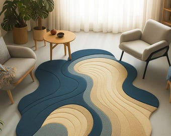 Hand-Tufted Organic Wave Rug – Mid Century Modern Blue Cream Abstract Area Rug