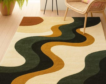 Mid Century Modern Wavy Tufted Wool Rug - Abstract Swirl Area Rug - Earthy Green, Gold & Terracotta Organic Shapes Rug for Living Room