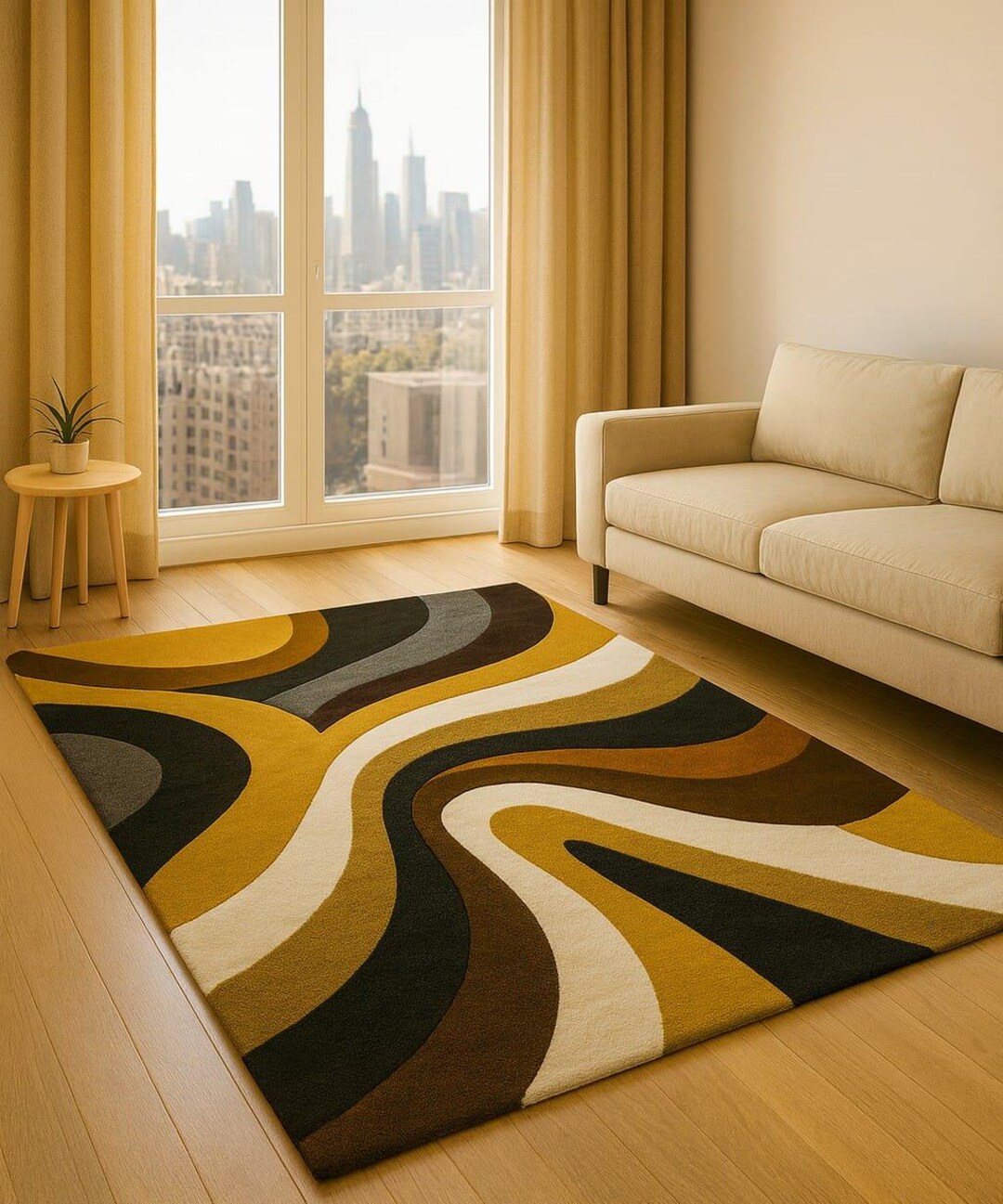 Mid Century Modern Rug, Retro 70s Abstract Wavy Area Rug, Earth Tone ...
