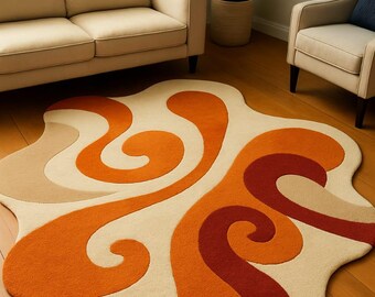May include: A retro-style area rug with a unique, organic shape. The rug features a cream-colored base with swirling patterns in shades of orange and burgundy. This decorative rug adds a pop of color and a touch of vintage flair to any living space.