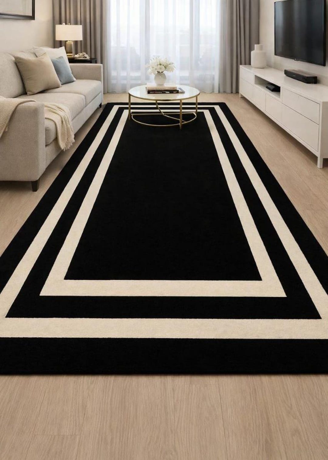 White Boarder Rug Black and White Border Rug – Modern Geometric Art Deco Carpet - Etsy