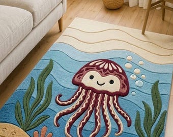 Hand-Tufted Jellyfish Wool Rug - Whimsical Underwater Nursery Decor - Cute Ocean Theme 3D Area Rug - Handmade Kids Room Play Mat