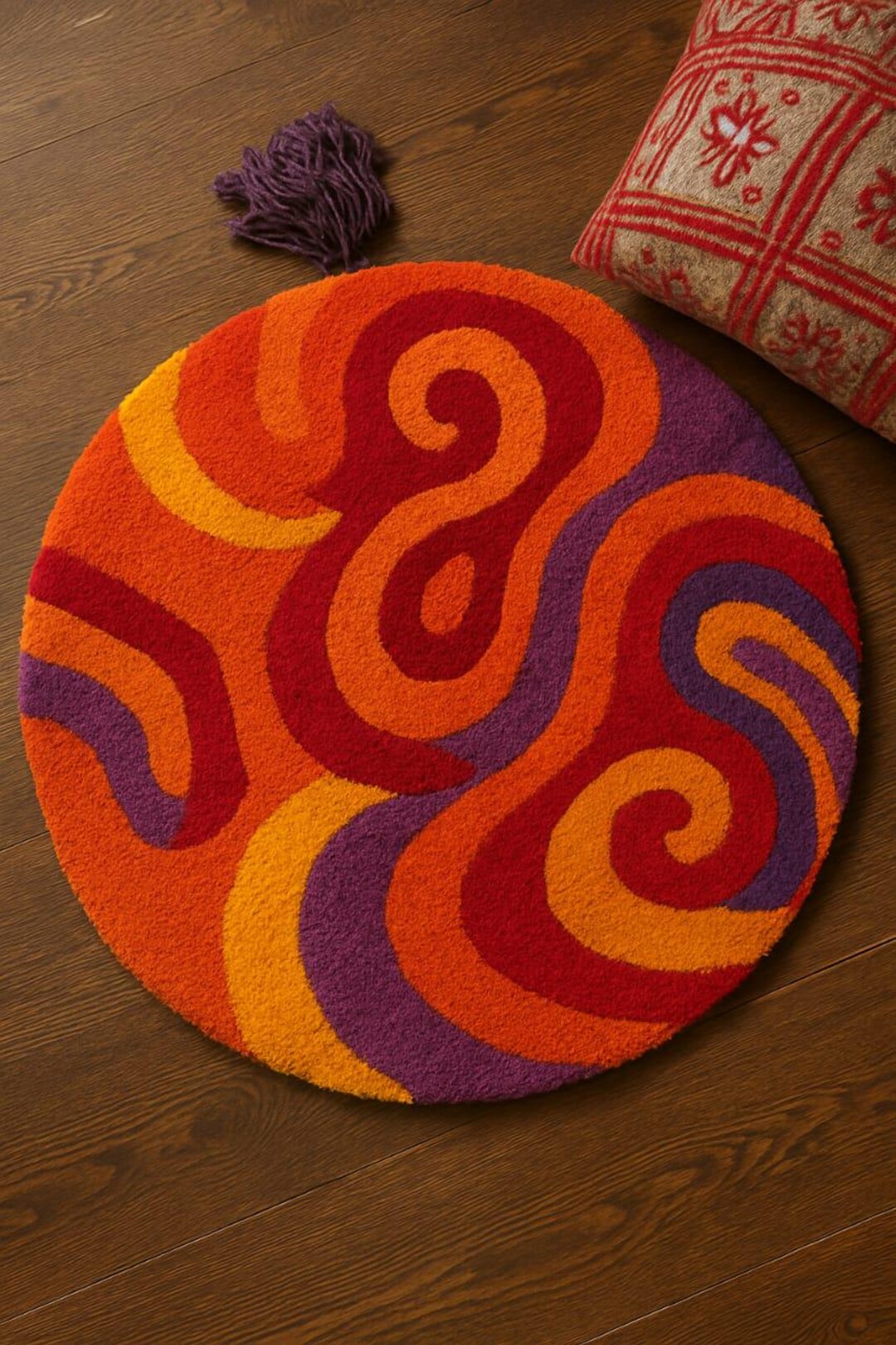 Retro 70s Swirl Shag Rug: Orange Red Purple Round Area Mat - Etsy