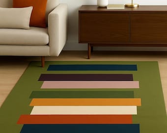 Mid Century Modern Area Rug - Hand Tufted Wool Rug with Colorful Geometric Stripes - Retro Olive Green Large Rug for Living Room, Bedroom