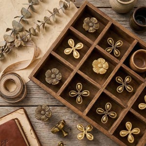 Puede incluir: Un organizador de madera lleno de pomos y tiradores de latón. Los pomos presentan diseños florales y geométricos. El organizador está sobre una superficie de madera con elementos decorativos como hojas secas.