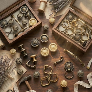 May include: A collection of antique brass cabinet hardware, including knobs, pulls, and ring pulls, arranged on a wooden surface. The hardware features detailed floral and geometric patterns, with some pieces stored in wooden boxes.