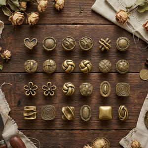 Może przedstawiać: Asortyment mosiężnych gałek do szafek w stylu antycznym o różnych wzorach, w tym serca, kwiaty i kształty geometryczne. Gałki są ułożone na ciemnej drewnianej powierzchni, prezentując ich skomplikowane detale i postarzaną powierzchnię.