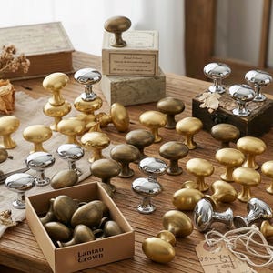 May include: A collection of decorative cabinet knobs in various metallic finishes, including gold and silver. The knobs are displayed on a wooden surface, some arranged in boxes and others scattered. The image showcases a variety of shapes and styles.