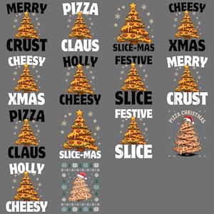 May include: A collection of pizza-themed Christmas tree designs on a gray background. Each tree is made of pizza slices and topped with a star. Text includes "Merry," "Pizza," "Xmas," "Cheesy," and "Crust."
