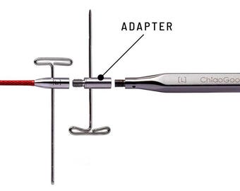 May include: A close-up of a knitting needle set with a red cable, metal connectors, and a silver needle. The word "ADAPTER" is written above the connectors. The brand name "Chiaogoo" is visible on the needle.