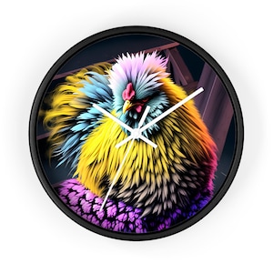 Chicken Art Wall Clock - Unique Farmhouse Kitchen Decor, Rooster Wall Art, Country Home Decor, Animal Clock WC15