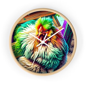 Chicken Art Wall Clock - Unique Farmhouse Kitchen Decor, Rooster Wall Art, Country Home Decor, Animal Clock WC16