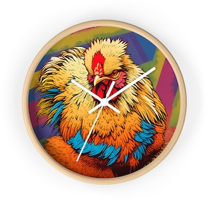 Chicken Art Wall Clock - Unique Farmhouse Kitchen Decor, Rooster Wall Art, Country Home Decor, Animal Clock WC17
