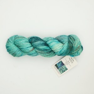 May include: A skein of teal and turquoise yarn with darker blue and brown accents. The yarn is twisted and has a tag that reads "Signifine Terra Alaska". The yarn is on a white background.