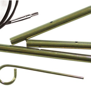 May include: A set of four gold-colored knitting needles with a black cable and a hook. The needles are different lengths and have a hole at one end.