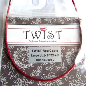 May include: Red knitting cable for interchangeable needles, labeled "TWIST Red Cable Large [L] - 8"/20 cm Item No. 7508-L"