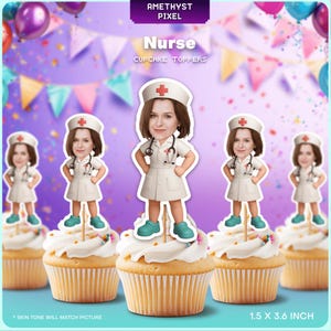 Toppers de cupcake personalizados com rosto de enfermeira: decorações para festa de formatura