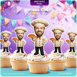 Pizza Chef Cupcake Toppers | Custom Face Pizza Party Decorations | Italian Food Birthday Cupcake Picks