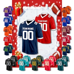 May include: A collection of football jerseys in various colors, including navy blue, red, and green. Each jersey features the text "TEAM NAME" and the number "00" in white. The jerseys are displayed against a festive red background with footballs and gift boxes.