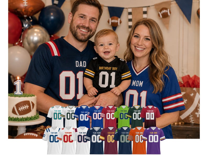 May include: A collection of custom football jerseys in various team colors and designs, featuring large numbers on the front. The jerseys are displayed in a grid, showcasing options with different sleeve stripes, neck trims, and color combinations.