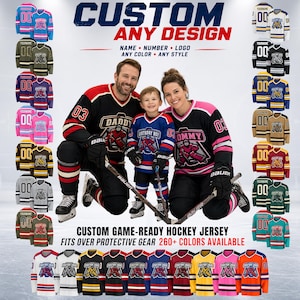 May include: Customizable hockey jerseys in various colors and styles, featuring space for names, numbers, and logos. The image displays multiple jersey examples, including options for adults and children, with text stating CUSTOM ANY DESIGN.