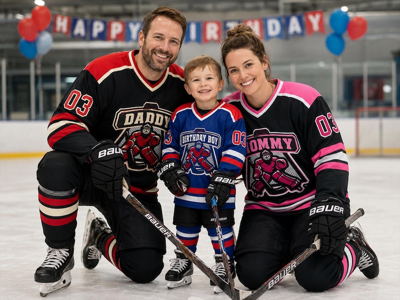 May include: Three hockey jerseys featuring goalie graphics and text. The left jersey is black with red and white accents and the word DADDY. The center jersey is blue with red and white accents and the text BIRTHDAY BOY. The right jersey is black with pink and white accents and the word MOMMY.