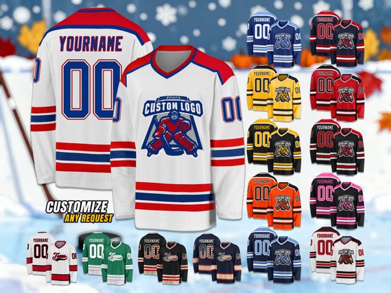 Custom Hockey Jersey Personalized with Stitched or Printed Name Number Logo Long Sleeve Ice Hockey Shirt for Adults Youth Kids Toddler Gift