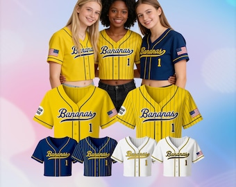 Personalisiertes Bananen-Team Crop Baseball Jersey für Frauen, personalisierter Name & Nummer, lustiges ""Let's Go Bananas"" Design, perfektes Geschenk für Savannah-Fans."