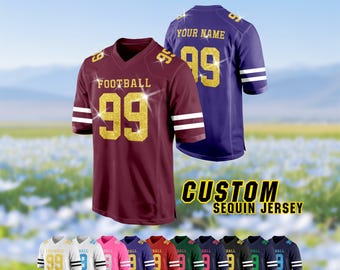 Camiseta de fútbol personalizada con lentejuelas bordadas, nombre, número y logotipo, camiseta de animadora con purpurina, regalo para hombres, mujeres y niños.