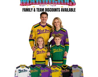 Camisa de hóquei personalizada para o Mardi Gras, uniforme de hóquei com nome e número personalizados, camisa de hóquei para adultos e crianças, roupa de Mardi Gras para toda a família.