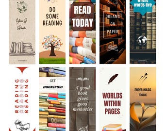 Book Theme Bookmarks Set – Reading Quotes, Printable PDF, 1 ZIP file (2x6 inch)